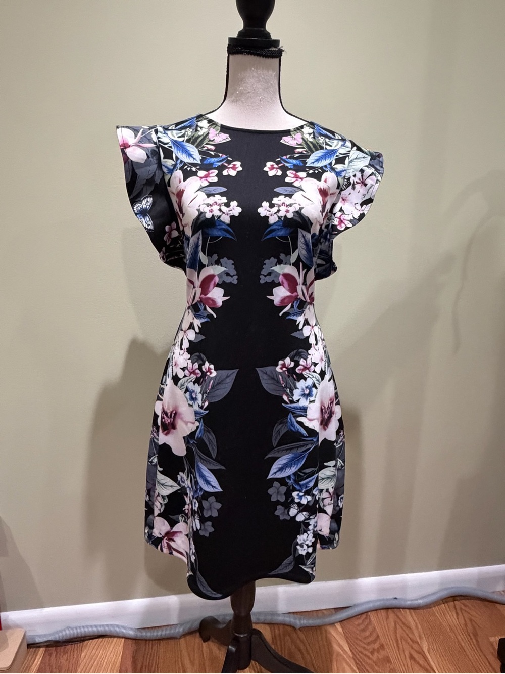 Black Floral Flutter-Sleeve Mini Dress
